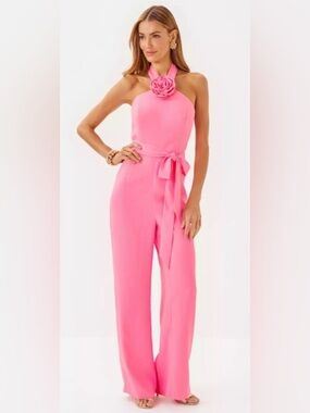Halter Rose-Neck Pink Jumpsuit with Waist Tie - Lilly Pulitzer